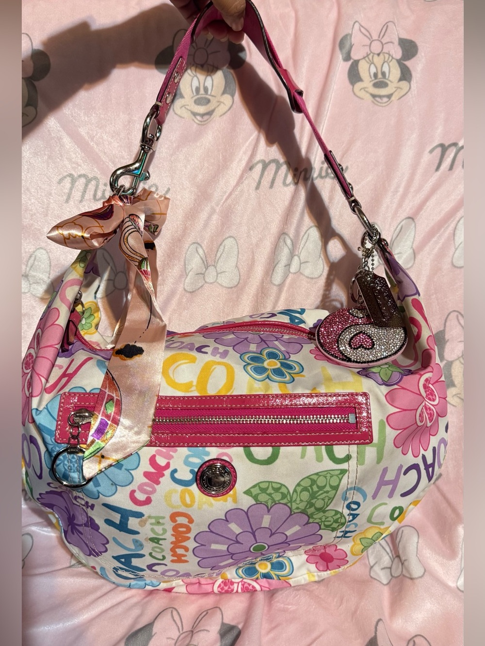 Coach Multicolor Floral Logo Hobo Bag with Hot Pink Trim